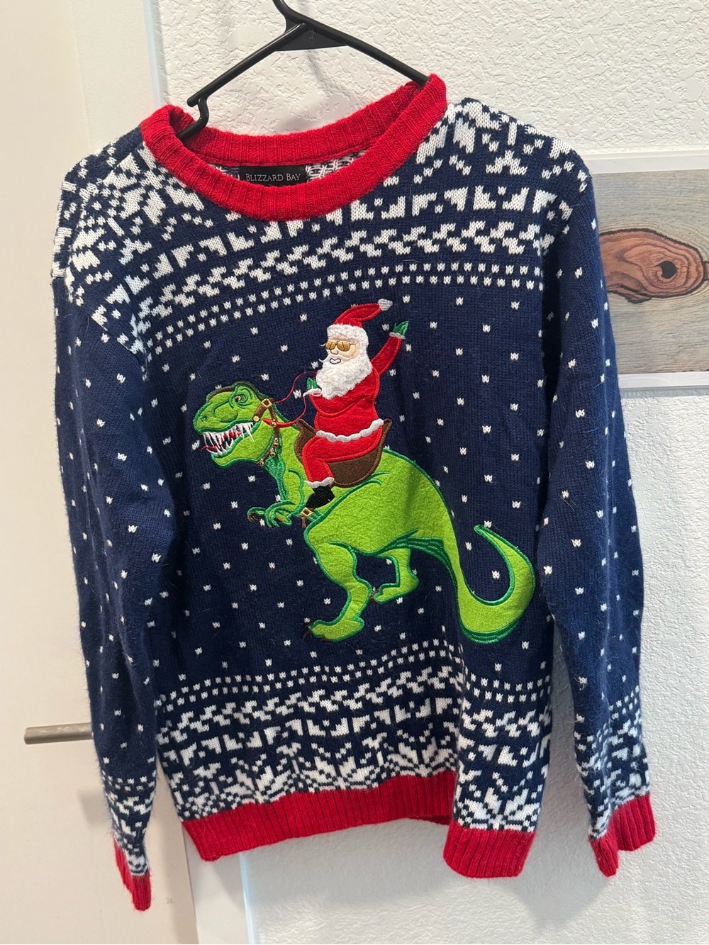 Men’s Navy Christmas Sweater with Green Dinosaur & Red Trim